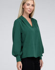 Zenana Woven Airflow V-Neck Long Sleeve Top