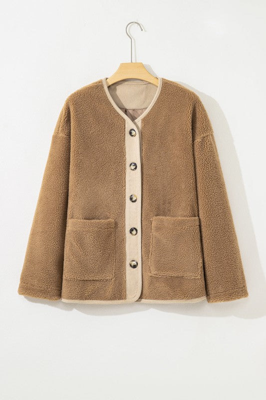 Fleece Corduroy Patchwork Button Up Jacket