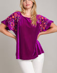 Umgee Full Size Velvet Embroidery Short Sleeve Blouse