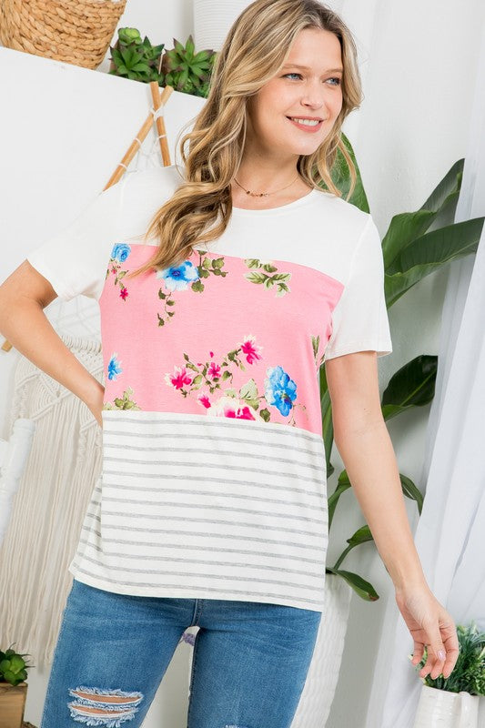 e Luna Floral Striped Mixed Top