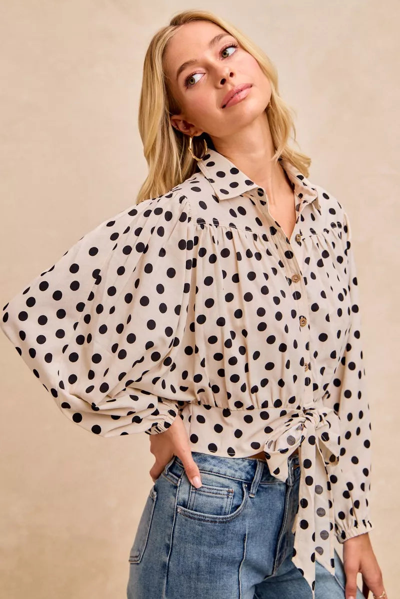 BiBi Polka Dot Print Tie Hem Detail Crop Shirt