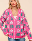 Haptics Full Size Floral Jacquard V-Neck Button Up Cardigan