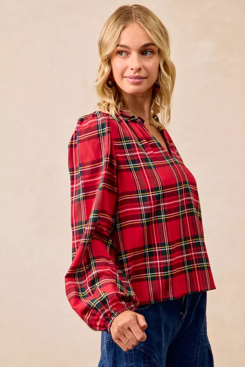 BiBi Christmas Plaid Balloon Sleeves Ruffled V-Neck Top