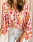 Women Pink Floral Bubble Sleeve V Neck Blouse