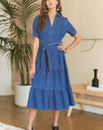 ADORA Tiered Button Down Tie Waist Short Sleeve Denim Dress