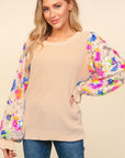 Haptics Floral Sequins Mesh Flounce Sleeve Sweater