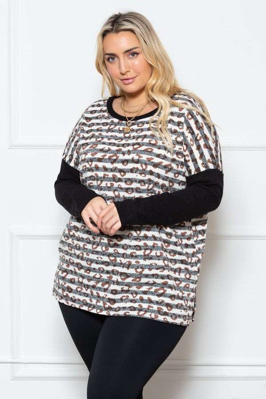 Jade by Jane Striped Animal Print Long Sleeve PLUS