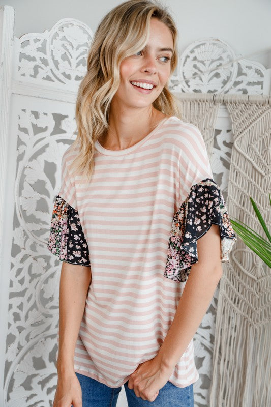 e Luna Striped Woven Floral Ruffle Top