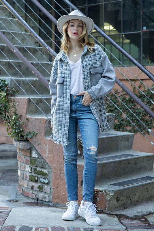 Sweet Generis Tweed Mixed Denim Shacket with Fringed Hem