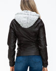 YMI Removable Faux Layered Multi-Pocket Jacket with Fuzzy Hood