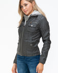 YMI Removable Faux Layered Multi-Pocket Jacket with Fuzzy Hood