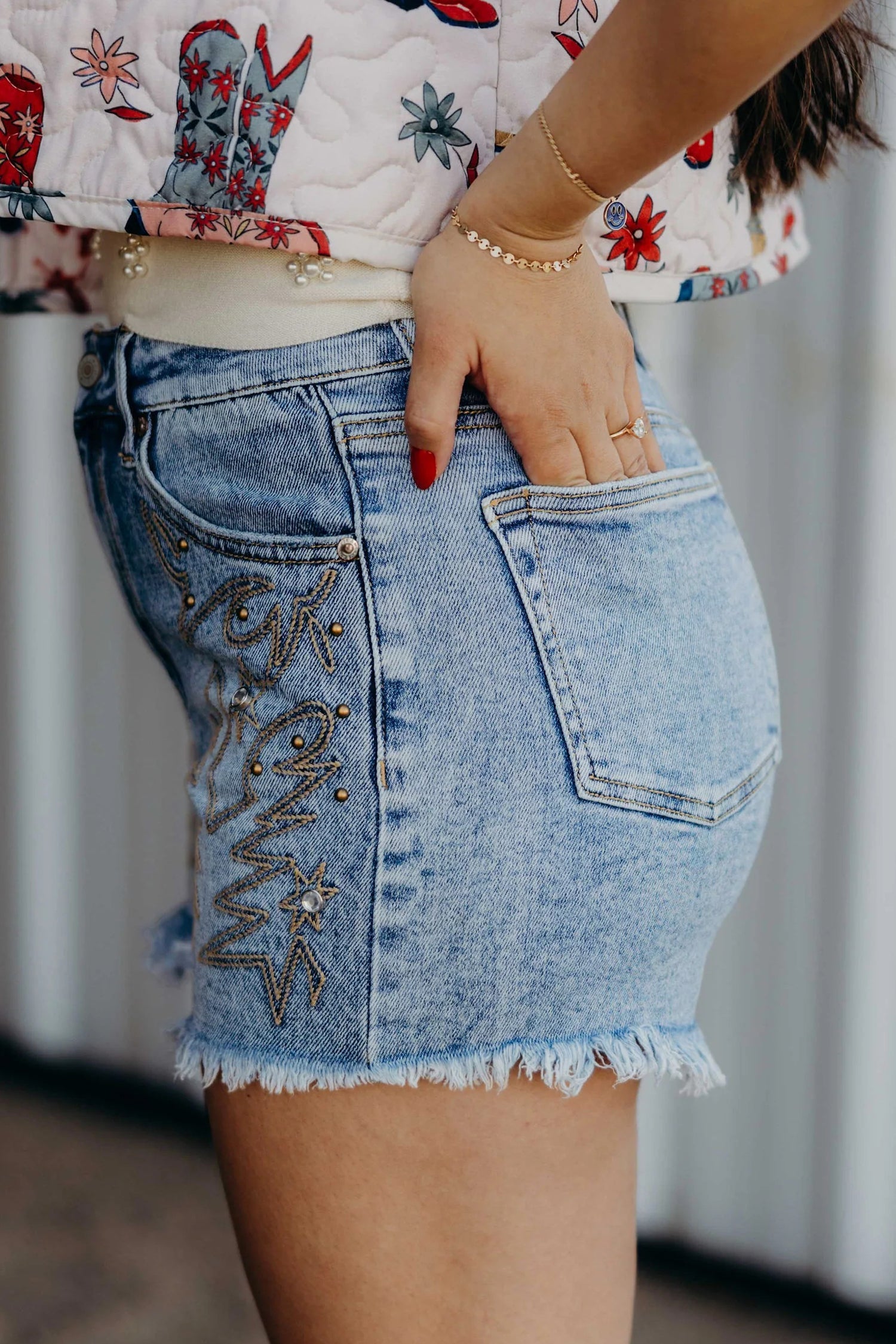 Western Embroidered Studded Denim Shorts