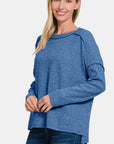 Zenana Full Size Exposed Seam Brushed Round Neck Sweater