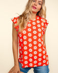 Haptics Round Neck Ruffled Floral Contrast Knit Top