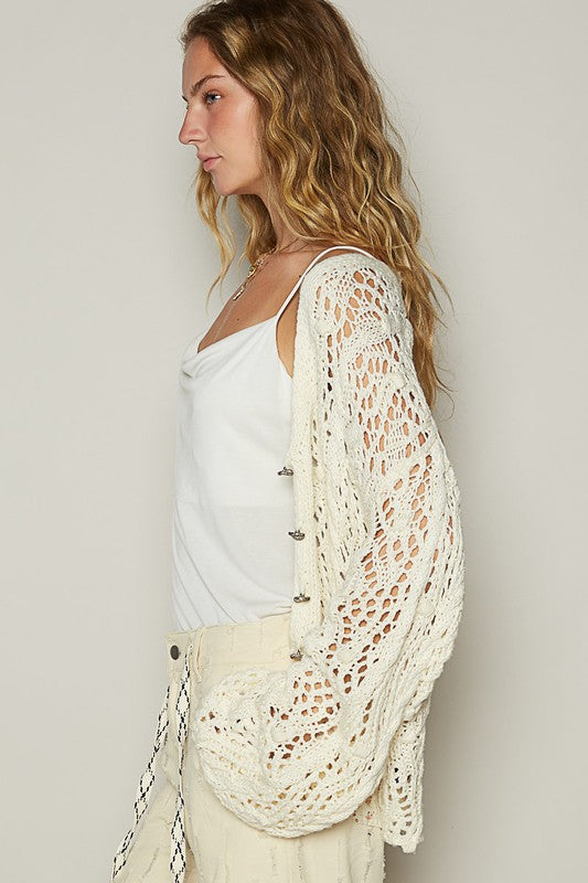 POL Cable-Knit Openwork V-Neck Button Up Cardigan