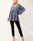 Celeste Full Size Tiered Floral V-Neck Long Sleeve Blouse