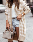 Women Khaki Open Front Plaid Long Cardigan