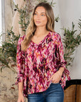 Sew In Love Full Size Printed V-Neck Blouse with Sleeve Knot