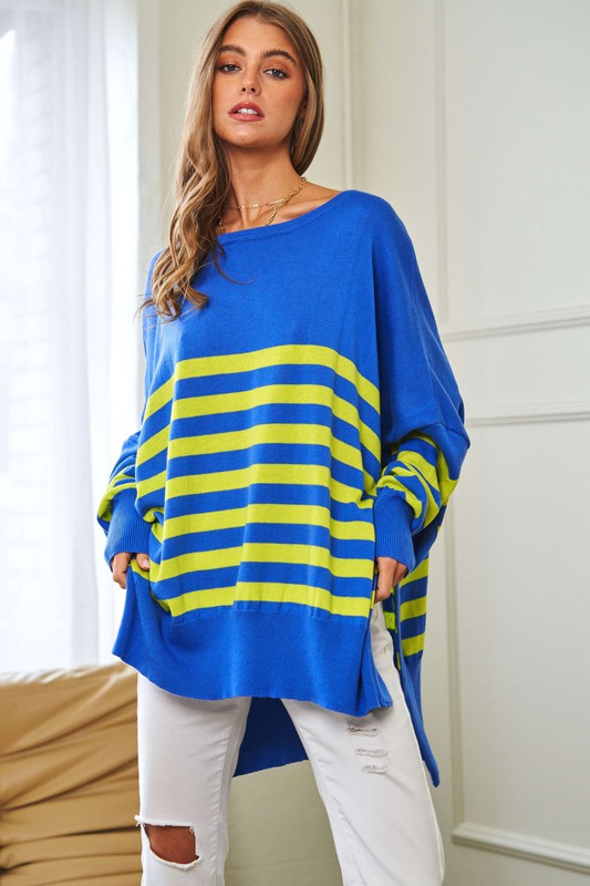 Davi &amp; Dani Multi Striped Elbow Patch Loose Fit Sweater Top