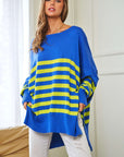 Davi & Dani Multi Striped Elbow Patch Loose Fit Sweater Top