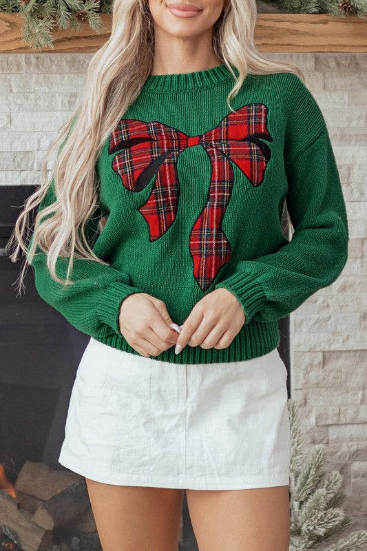 Plaid Bow Drop Shoulder Christmas Sweater