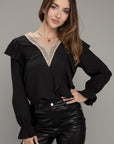 V-Neck Lace Trim Long Sleeve Blouse