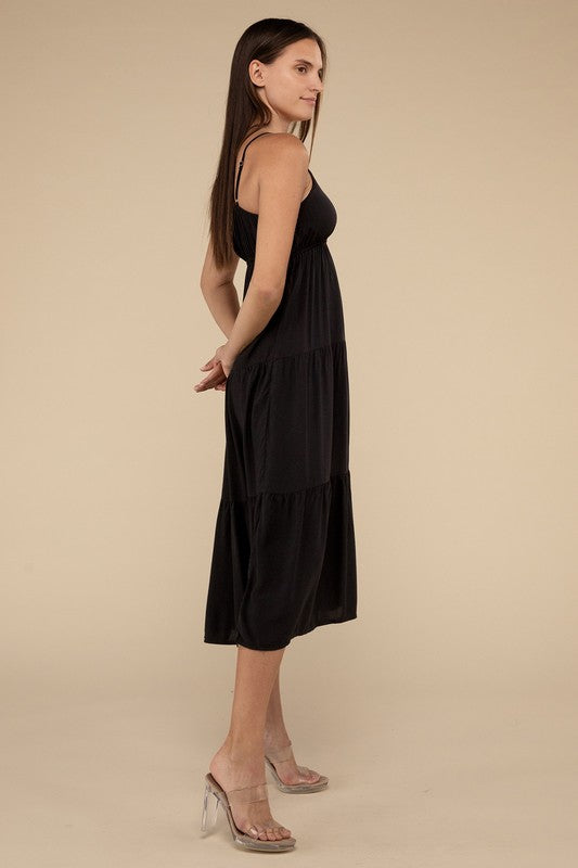 ZENANA Woven Sweetheart Neckline Tiered Cami Midi Dress