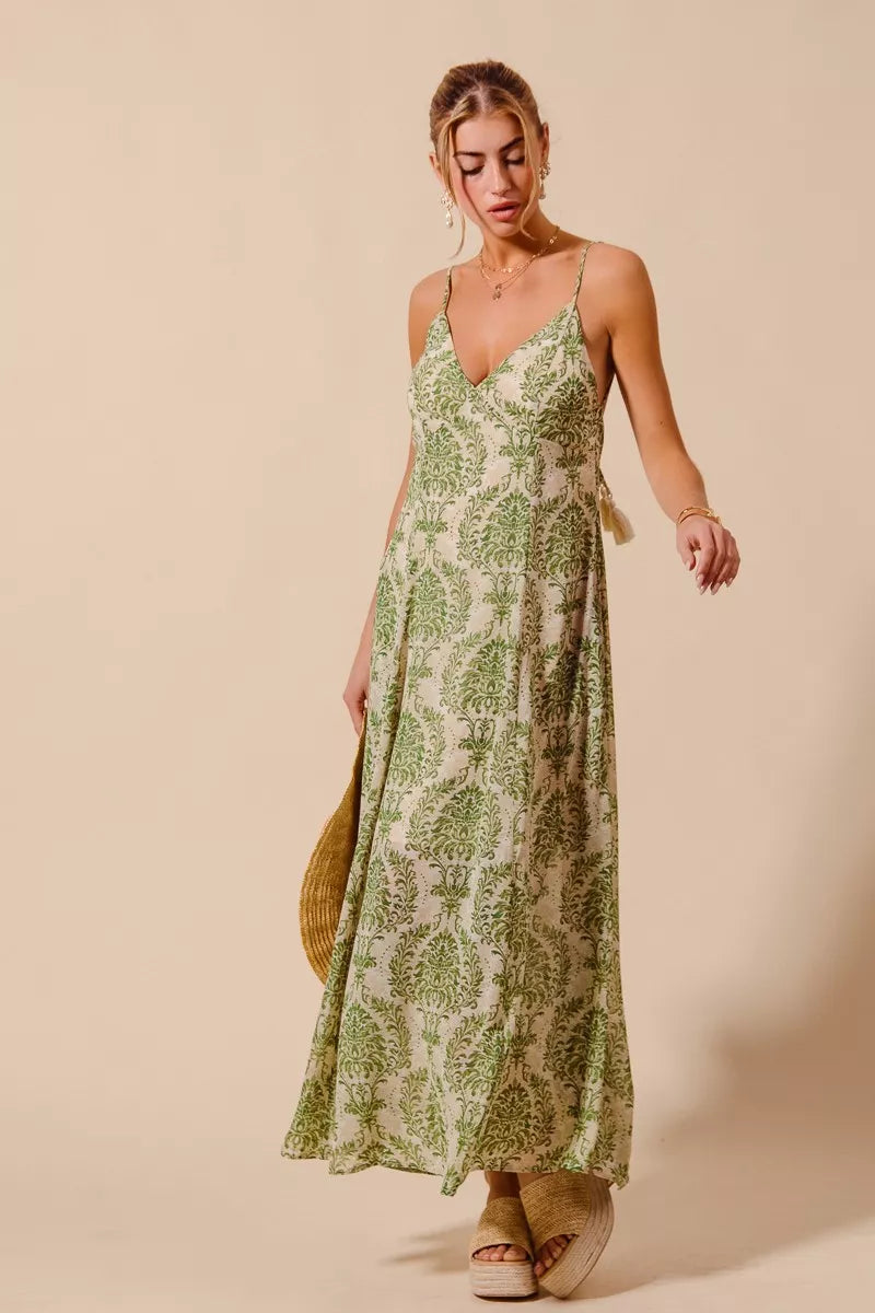 SO ME Damask Floral Summer Maxi Flowy Dress With Open Back