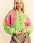 Davi & Dani Flower Contrast Round Neck Long Sleeve Cardigan