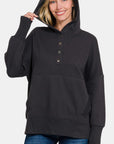 Zenana Half Snap Long Sleeve Hoodie with Kangaroo Pocket