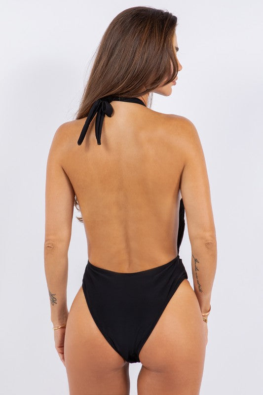 One Piece Bathing Suit Deep Open Front with Belted Waist