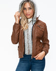 YMI Removable Faux Layered Multi-Pocket Jacket with Fuzzy Hood