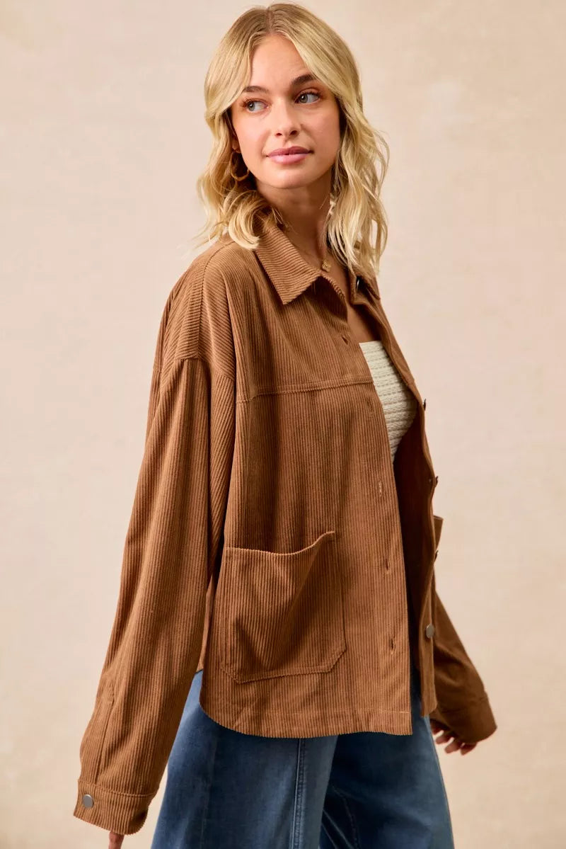 BiBi Corduroy Relaxed Fit Shacket with Back Pleat