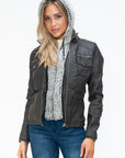 YMI Removable Faux Layered Multi-Pocket Jacket with Fuzzy Hood