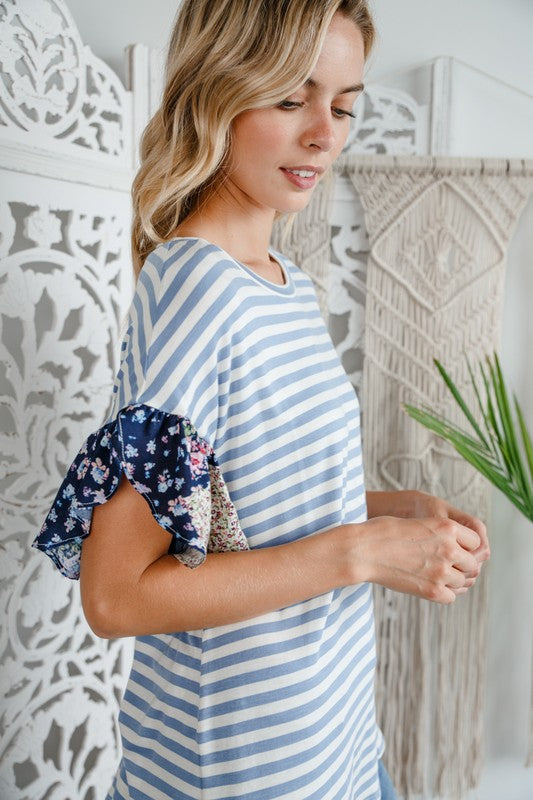 e Luna Striped Woven Floral Ruffle Top