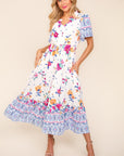 Haptics Printed Notched Short Sleeve Tiered Dress