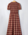 Plaid Vintage Knot Front Smocked High Waist Midi Dress