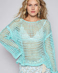 POL Side Slit Openwork Long Sleeve Knit Cover Up