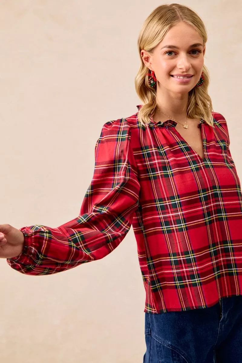 BiBi Christmas Plaid Balloon Sleeves Ruffled V-Neck Top