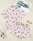 Stripe Strawberry Lapel Shirt & Drawstring Shorts Set