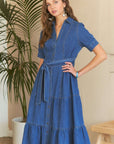 ADORA Tiered Button Down Tie Waist Short Sleeve Denim Dress