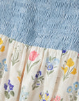Floral Stripe Colorblock Square Neck Shirred Dress