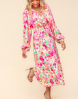 Haptics Full Size Floral Surplice Balloon Sleeve Dress with Side Pockets