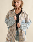 Tweed Mixed Denim Shacket with Fringed Hem