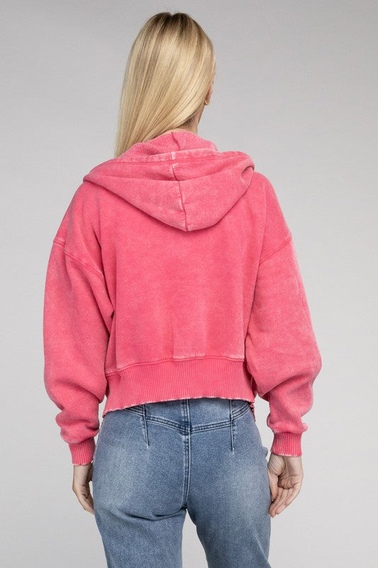 ZENANA Acid Wash Fleece Cropped Zip-Up Hoodie
