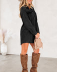 Solid Denim Chest Pocket Raw Hem Shirt Dress