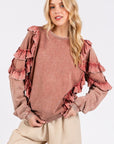 Mittoshop Ruffled Mineral Washed Round Neck Long Sleeve Sweatshirt