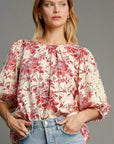 Umgee Floral Pleated Detail Lace Trim Sleeve Blouse