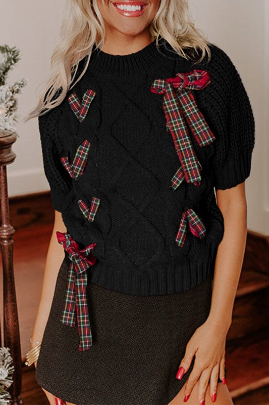 Christmas Plaid Lace-Up Puff Sleeve Sweater