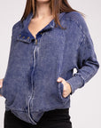 Zenana Acid Wash Cotton Waffle Hooded Zip-Up Jacket